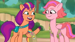 Size: 3072x1727 | Tagged: safe, derpibooru import, screencap, sunny starscout, earth pony, pegasus, pony, g5, my little pony: tell your tale, spoiler:g5, spoiler:my little pony: tell your tale, spoiler:tyts01e61, attack of the bunnisus, duo, duo female, female, image, jpeg, mare, open mouth, open smile, smiling, windy (g5)