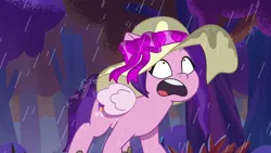 Size: 3072x1727 | Tagged: safe, derpibooru import, screencap, pipp petals, pegasus, pony, g5, my little pony: tell your tale, spoiler:g5, spoiler:my little pony: tell your tale, spoiler:tyts01e61, attack of the bunnisus, female, hat, image, jpeg, mare, open mouth, pinpoint eyes, rain, solo