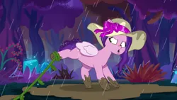 Size: 3072x1727 | Tagged: safe, derpibooru import, screencap, pipp petals, pegasus, pony, g5, my little pony: tell your tale, spoiler:g5, spoiler:my little pony: tell your tale, spoiler:tyts01e61, :o, attack of the bunnisus, female, hat, image, jpeg, mare, open mouth, rain, solo