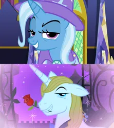 Size: 1280x1440 | Tagged: safe, derpibooru import, edit, edited screencap, screencap, prince blueblood, trixie, no second prances, the best night ever, bluetrix, bowtie, cape, clothes, female, flower, flower in mouth, hat, image, male, mouth hold, png, rose, rose in mouth, shipping, shipping domino, smiling, straight, trixie's cape, trixie's hat