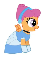 Size: 1370x1869 | Tagged: safe, artist:brightstar40k, derpibooru import, scootaloo, pegasus, pony, alternate hairstyle, cinderella, clothes, dress, evening gloves, female, filly, foal, gloves, image, long gloves, png, simple background, solo, solo female, spread wings, white background, wings