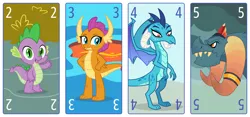 Size: 6400x3000 | Tagged: safe, artist:parclytaxel, derpibooru import, dragon lord torch, princess ember, smolder, spike, dragon, series:parcly's pony pattern playing cards, .svg available, absurd resolution, dragoness, female, horn, horn ring, image, jewelry, looking at you, male, open mouth, open smile, playing card, png, ring, smiling, tarot card, vector, wingless spike