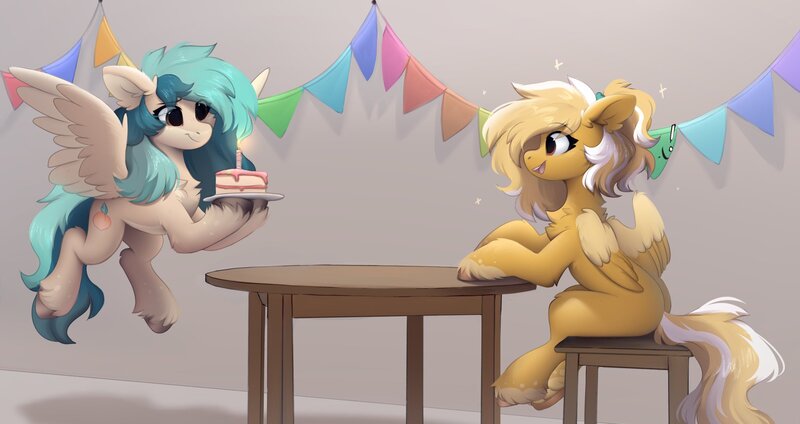 Size: 2048x1086 | Tagged: safe, artist:little-sketches, derpibooru import, oc, oc:mareota, oc:peacher, unofficial characters only, pegasus, pony, birthday, birthday cake, cake, chair, food, happy, image, jpeg, pegasus oc, spread wings, surprised, table, wings