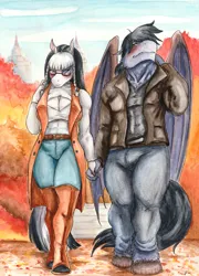 Size: 2512x3495 | Tagged: safe, artist:souleatersaku90, derpibooru import, oc, oc:clarabelle meadow, oc:gravity well, unofficial characters only, anthro, bat pony, earth pony, hippogriff, hybrid, unguligrade anthro, anthro oc, autumn, bat pony oc, bat wings, blushing, braid, breasts, cleavage, clothes, cloud, coat, commission, digital art, earth pony oc, fangs, female, glasses, hippogriff oc, holding hands, hybrid oc, image, jpeg, male, oc x oc, pants, park, shipping, smiling, straight, traditional art, tree, walking, wings