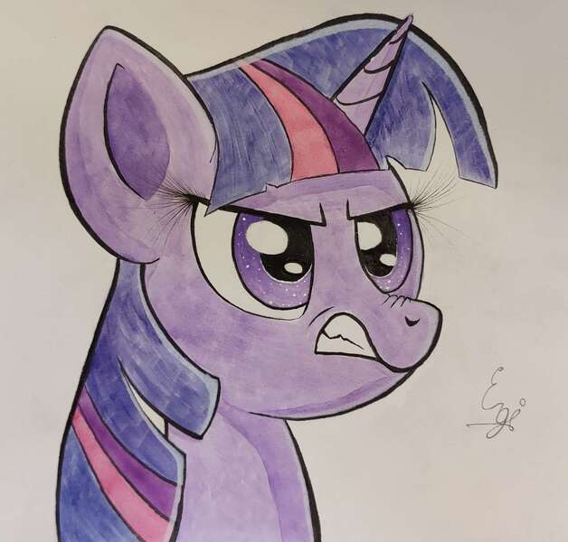 Size: 1729x1651 | Tagged: safe, artist:engi, derpibooru import, twilight sparkle, pony, unicorn, angry, image, jpeg, simple background, traditional art, unicorn twilight, watercolor painting