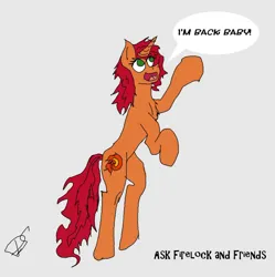 Size: 1024x1027 | Tagged: safe, artist:deepshift, derpibooru import, firelock, pony, unicorn, ask firelock and friends, cute, cutie mark, female, fire, firedorable, g4, gray background, image, jpeg, mare, older, older firelock, rearing, simple background, solo, text, word bubble