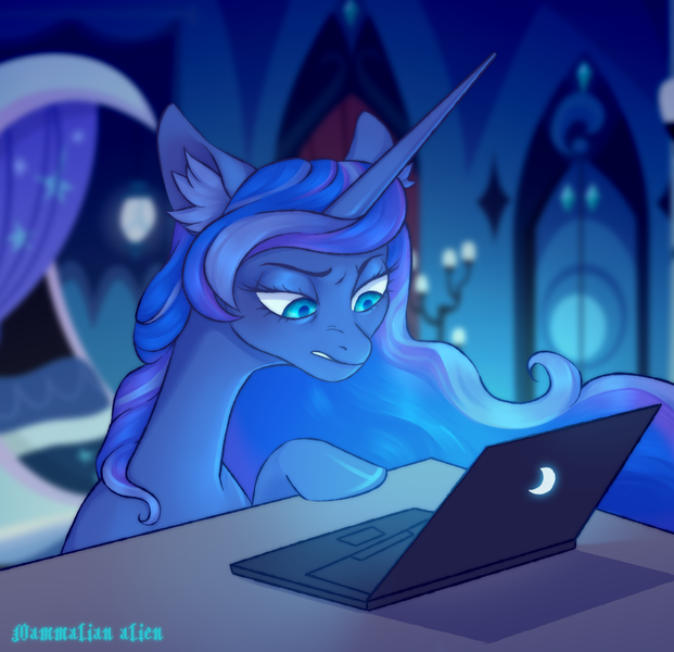 Size: 3256x3144 | Tagged: safe, artist:mammalian alien, derpibooru import, princess luna, alicorn, pony, computer, desk, eyebrows, image, laptop computer, png, raised eyebrow, solo