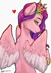 Size: 2894x4093 | Tagged: safe, artist:jaynsparkle, derpibooru import, pipp petals, pegasus, pony, g5, crown, heart, image, jewelry, jpeg, looking at you, looking back, looking back at you, rear view, regalia, simple background, smiling, solo, white background