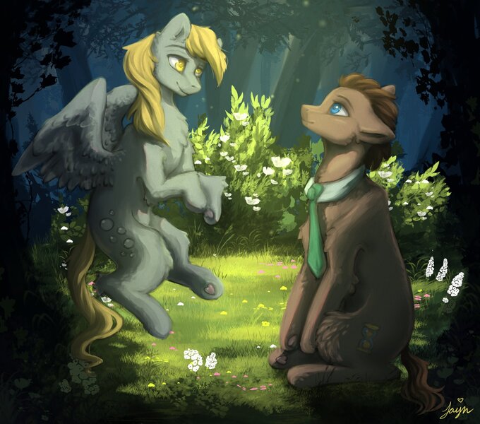 Size: 1700x1500 | Tagged: safe, artist:jaynsparkle, derpibooru import, derpy hooves, doctor whooves, time turner, earth pony, pegasus, pony, duo, flying, image, jpeg, necktie, open mouth, sitting