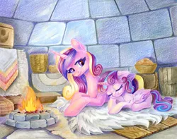 Size: 1522x1200 | Tagged: safe, artist:maytee, derpibooru import, princess cadance, princess flurry heart, alicorn, pony, campfire, duo, female, igloo, image, mother and child, mother and daughter, png