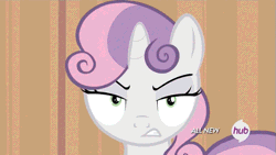 Size: 533x300 | Tagged: safe, edit, edited screencap, editor:undeadponysoldier, ponerpics import, ponybooru import, screencap, sweetie belle, pony, unicorn, for whom the sweetie belle toils, all new, angry, animated, cute, cute when angry, diasweetes, edited gif, female, filly, foal, gif, hub logo, image, looking at you, reversed, solo, sweetie belle is not amused, text, unamused