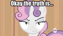 Size: 533x300 | Tagged: safe, edit, edited screencap, editor:undeadponysoldier, ponerpics import, ponybooru import, screencap, sweetie belle, pony, unicorn, for whom the sweetie belle toils, all new, angry, animated, cute, cute when angry, diasweetes, edited gif, female, filly, foal, gif, hub logo, image, implied shipping, implied spike, implied spikebelle, implied straight, looking at you, low effort caption, meme, reversed, solo, sweetie belle is not amused, talking to viewer, text, unamused