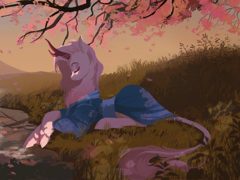 Size: 2048x1538 | Tagged: safe, artist:hichieca, derpibooru import, oc, oc:tinder blossom, unofficial characters only, kirin, cherry blossoms, chest fluff, clothes, cloven hooves, crescent moon, eyes closed, female, flower, flower blossom, grass, image, jpeg, kimono (clothing), kirin oc, leaves, leonine tail, lying down, moon, mountain, mountain range, prone, scenery, scenery porn, solo, sunset, tail, tree, water