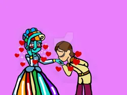 Size: 1920x1440 | Tagged: safe, artist:iamscar2017, derpibooru import, rainbow dash, oc, human, cinderella, cute, dashabetes, dress, female, gown, heart, image, jpeg, male, obtrusive watermark, pink background, rainbow gown, shipping, simple background, smiling, sparkles, suit, watermark