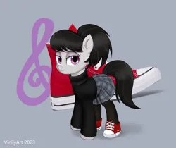 Size: 1280x1076 | Tagged: safe, artist:vinilyart, derpibooru import, octavia melody, earth pony, pony, 2023, alternate hairstyle, clothes, cutie mark background, eyeshadow, female, image, jpeg, makeup, mare, plaid, plaid skirt, shoes, signature, skirt, sneakers, solo, sweater