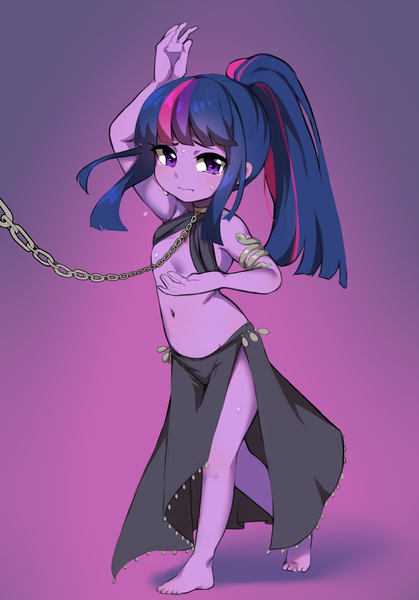 Size: 2081x2980 | Tagged: suggestive, artist:ctmloml, artist:rusty_shackle, banned from derpibooru, ponerpics import, ponybooru import, twilight sparkle, equestria girls, barefoot, belly dancer, belly dancer outfit, chains, crying, dancing, feet, female, femsub, high ponytail, image, leash, lolicon, png, ponytail, slave, submissive, sweat, twisub, underage