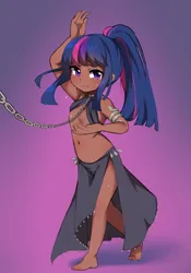 Size: 2081x2980 | Tagged: suggestive, artist:ctmloml, artist:rusty_shackle, banned from derpibooru, ponerpics import, ponybooru import, twilight sparkle, equestria girls, barefoot, belly dancer, belly dancer outfit, chains, crying, dancing, dark skin, feet, female, high ponytail, image, leash, lolicon, png, ponytail, slave, sweat, underage
