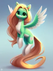 Size: 1500x2000 | Tagged: safe, artist:luminousdazzle, derpibooru import, oc, oc:lumina, pegasus, pony, alternate design, chest fluff, cute, cutie mark, female, flying, freckles, full body, fur, green eyes, image, long mane, long tail, looking at you, mare, pegasus oc, png, semi-realistic, simple background, smiling, tail, wings