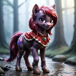 Size: 1024x1024 | Tagged: safe, derpibooru import, idw, machine learning generated, earth pony, pony, reflections, spoiler:comic, ai content, blurry background, cheek fluff, chest fluff, clothes, cute, detailed, detailed hair, ear fluff, ears, eyes open, female, filly, foal, forest, furry, image, png, quality, realistic, realistic anatomy, reflection, solo, stone, tree