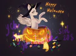 Size: 2274x1668 | Tagged: safe, artist:soudooku, derpibooru import, oc, alicorn, cat, earth pony, pegasus, pony, unicorn, candy, commission, food, halloween, happy, happy halloween, hat, holiday, image, jpeg, pumpkin, slots, solo, stars, sweets, witch, witch hat, your character here