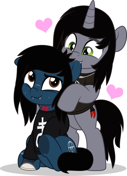 Size: 3616x5000 | Tagged: safe, artist:jhayarr23, derpibooru import, oc, ponified:kellin quinn, ponified:oliver sykes, earth pony, pony, undead, unicorn, zombie, zombie pony, bipedal, bipedal leaning, biting, bone, bring me the horizon, clothes, commission, disguise, disguised siren, duo, duo male, ear bite, fangs, gay, happy, heart, horn, image, leaning, long sleeves, looking at each other, looking at someone, male, png, scar, shipping, shirt, simple background, sitting, sleeping with sirens, slit pupils, smiling, stitches, t-shirt, tattoo, transparent background, underhoof, ych result