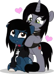 Size: 3616x5000 | Tagged: safe, artist:jhayarr23, derpibooru import, oc, ponified:kellin quinn, ponified:oliver sykes, earth pony, pony, undead, unicorn, zombie, zombie pony, bipedal, bipedal leaning, biting, bone, bring me the horizon, clothes, commission, disguise, disguised siren, duo, duo male, ear bite, fangs, gay, happy, heart, horn, image, leaning, long sleeves, looking at each other, looking at someone, male, png, scar, shipping, shirt, simple background, sitting, sleeping with sirens, slit pupils, smiling, stitches, t-shirt, tattoo, transparent background, underhoof, ych result