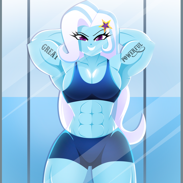 Size: 2000x2000 | Tagged: suggestive, artist:xan-gelx, derpibooru import, trixie, equestria girls, abs, biceps, breasts, busty trixie, clothes, commission, grand and muscular trixie, image, mirror, muscles, png, reflection, shorts, smiling, sports bra, sports shorts, tattoo, workout outfit