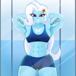 Size: 2000x2000 | Tagged: suggestive, artist:xan-gelx, derpibooru import, trixie, equestria girls, abs, biceps, breasts, busty trixie, clothes, commission, grand and muscular trixie, image, mirror, muscles, png, reflection, shorts, smiling, sports bra, sports shorts, tattoo, workout outfit