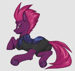 Size: 778x730 | Tagged: safe, artist:shydale, ponerpics import, tempest shadow, pony, unicorn, armor, blushing, bodysuit, broken horn, female, hooves, horn, image, looking at you, looking back, looking back at you, mare, png, side, simple background, solo, stupid sexy tempest shadow, tempass, white background
