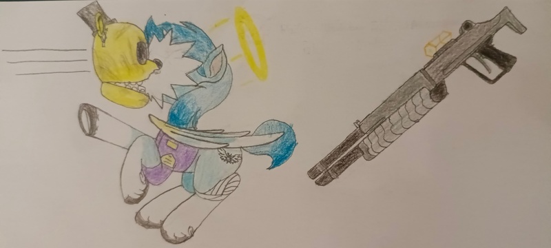 Size: 4608x2076 | Tagged: safe, derpibooru import, oc, oc:radiant windstar, alicorn, alicorn oc, angel, five nights at freddy's, fnaf 2, golden freddy, gun, halo, horn, image, jpeg, shotgun, weapon, wings