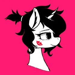 Size: 654x646 | Tagged: safe, artist:avristed, artist:pinkberry, derpibooru import, oc, oc:mae (pinkberry), unofficial characters only, unicorn, collaboration, image, kiss mark, lipstick, png, red background, simple background, solo