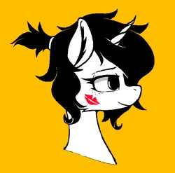 Size: 654x646 | Tagged: safe, artist:avristed, artist:pinkberry, derpibooru import, oc, oc:mae (pinkberry), unofficial characters only, unicorn, collaboration, image, kiss mark, lipstick, png, simple background, solo, yellow background