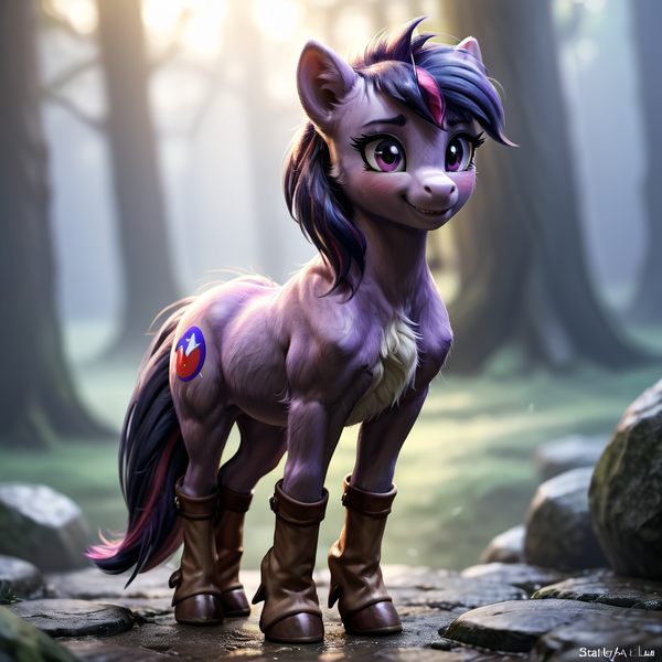 Size: 1024x1024 | Tagged: safe, derpibooru import, machine learning generated, earth pony, pony, ai content, blurry background, boots, cheek fluff, chest fluff, clothes, cute, detailed, detailed hair, ear fluff, ears, eyes open, female, filly, foal, forest, furry, image, png, quality, realistic, realistic anatomy, reflection, shoes, solo, stone, tree