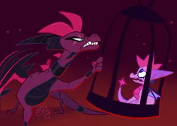 Size: 2048x1459 | Tagged: safe, artist:janegumball, derpibooru import, tempest shadow, twilight sparkle, dragon, my little pony: the movie, cage, crossover, dragoness, dragonified, duo, female, image, jpeg, scene interpretation, sharp teeth, size difference, species swap, spyro the dragon (series), teeth, twilidragon