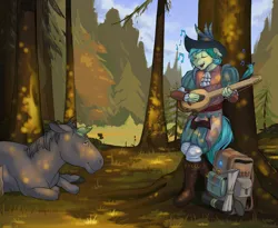 Size: 2000x1637 | Tagged: safe, artist:kirasunnight, derpibooru import, sandbar, anthro, donkey, frog, plantigrade anthro, backpack, clothes, cloud, forest, g4, image, leaning, lute, png, standing, tree