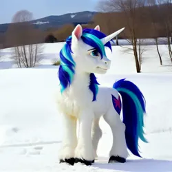 Size: 1536x1536 | Tagged: safe, derpibooru import, machine learning generated, stable diffusion, shining armor, pony, unicorn, ai content, full body, generator:pony diffusion v5, image, jpeg, looking sideways, male, prompter:siber, realistic, scenery, snow, solo, stallion, standing, tree, winter