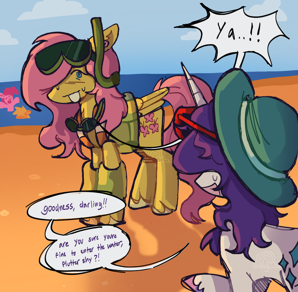 Size: 1657x1620 | Tagged: safe, artist:loldog06, derpibooru import, applejack, fluttershy, pinkie pie, rarity, earth pony, pegasus, pony, unicorn, beach, blushing, duo focus, embarrassed, female, goggles, hat, image, inner tube, lifejacket, looking at each other, looking at someone, mare, png, pool toy, snorkel, speech bubble, sun hat, sunglasses, sunglasses on head, sweat, sweatdrop, swim mask, unshorn fetlocks, water wings, watermark