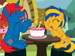Size: 2048x1536 | Tagged: safe, artist:mlpfan3991, artist:ry-bluepony1, derpibooru import, oc, oc:flare spark, oc:train track, pegasus, unicorn, background, base used, birthday cake, cake, chair, eyes closed, food, hair, image, mane, png, show accurate, table, tail
