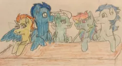 Size: 1024x552 | Tagged: safe, artist:justcallmescaizor, derpibooru import, fleetfoot, rainbow dash, soarin', spitfire, wave chill, pegasus, pony, deviantart watermark, female, image, jpeg, male, mare, obtrusive watermark, shipping, soarindash, stallion, straight, traditional art, watermark, wavefire