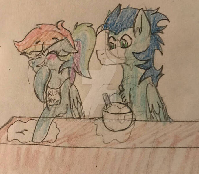 Size: 749x654 | Tagged: safe, artist:justcallmescaizor, derpibooru import, rainbow dash, soarin', pegasus, pony, cooking, deviantart watermark, female, image, jpeg, male, mare, obtrusive watermark, shipping, soarindash, stallion, straight, traditional art, watermark