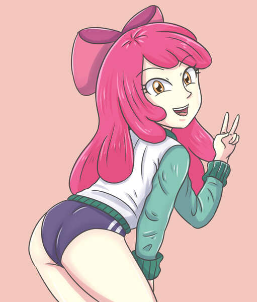 Size: 2362x2775 | Tagged: safe, artist:sumin6301, derpibooru import, apple bloom, human, equestria girls, adorabloom, bloom butt, butt, cute, image, jpeg, orange background, peace sign, simple background, solo, sports panties