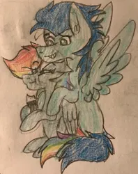 Size: 749x948 | Tagged: safe, artist:justcallmescaizor, derpibooru import, rainbow dash, soarin', pegasus, pony, female, image, jpeg, male, mare, shipping, soarindash, stallion, straight, traditional art