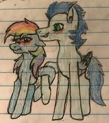 Size: 749x845 | Tagged: safe, artist:justcallmescaizor, derpibooru import, rainbow dash, soarin', pegasus, pony, female, image, jpeg, male, mare, shipping, soarindash, stallion, straight, traditional art