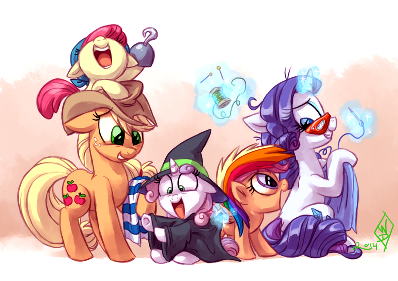 Size: 1700x1200 | Tagged: safe, artist:whitediamonds, derpibooru import, apple bloom, applejack, rainbow dash, rarity, scootaloo, sweetie belle, earth pony, pegasus, pony, unicorn, g4, adorabloom, apple sisters, applejack's hat, belle sisters, clothes, costume, cowboy hat, cute, cutealoo, cutie mark crusaders, cutie mark cuties, diasweetes, female, filly, floppy ears, foal, freckles, glasses, glow, glowing horn, group, halloween, hat, holiday, horn, image, jackabetes, lesbian, levitation, looking at each other, looking at someone, magic, magic aura, mare, nightmare night, nightmare night costume, open mouth, open smile, pirate, png, quintet, raribetes, rarijack, rarijack daily, rarity's glasses, shipping, siblings, signature, sisters, sitting, smiling, sparkles, telekinesis, witch