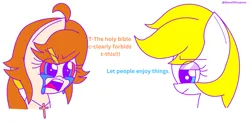 Size: 2459x1208 | Tagged: safe, artist:aryannespetfemboy, ponerpics import, ponybooru import, oc, oc:aryanne, oc:christ chan, unofficial characters only, pony, angry, aryanne being relatable, blonde, blonde mane, caption, christianity, crying, disappointed, duo, duo female, female, head only, image, meme, nazi, png, seething, soyjak, text, wojak