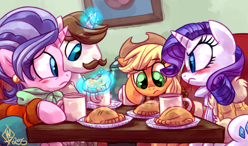 Size: 1400x825 | Tagged: safe, artist:whitediamonds, derpibooru import, applejack, cookie crumbles, hondo flanks, rarity, earth pony, pony, unicorn, applejack's hat, blushing, cookieflanks, cowboy hat, eyebrows, eyebrows visible through hair, facial hair, female, food, freckles, g4, glow, glowing horn, group, hat, horn, image, lesbian, levitation, looking at someone, looking at something, magic, magic aura, male, mare, moustache, mug, png, quartet, rarijack, rarijack daily, rarity's parents, shipping, signature, sitting, sparkles, stallion, straight, sweat, table, telekinesis