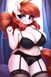 Size: 2048x3072 | Tagged: suggestive, derpibooru import, machine learning generated, novelai, stable diffusion, oc, unofficial characters only, anthro, earth pony, adorasexy, ai content, anthro oc, arm behind back, belly button, big breasts, bra, breasts, cleavage, clothes, cute, female, garter straps, image, looking at you, panties, png, ponytail, prompter:flitter4935, sexy, smiling, smiling at you, socks, solo, solo female, standing, thigh highs, underwear