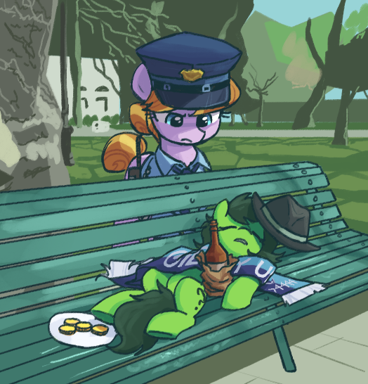 Size: 524x546 | Tagged: safe, artist:plunger, copper top, oc, oc:anonfilly, pony, /mlp/, 4chan, 4chan cup scarf, bench, bottle, drawthread, female, filly, giddy up, hat, image, mare, meme, png, police, ponified meme, ponified photo, sleeping