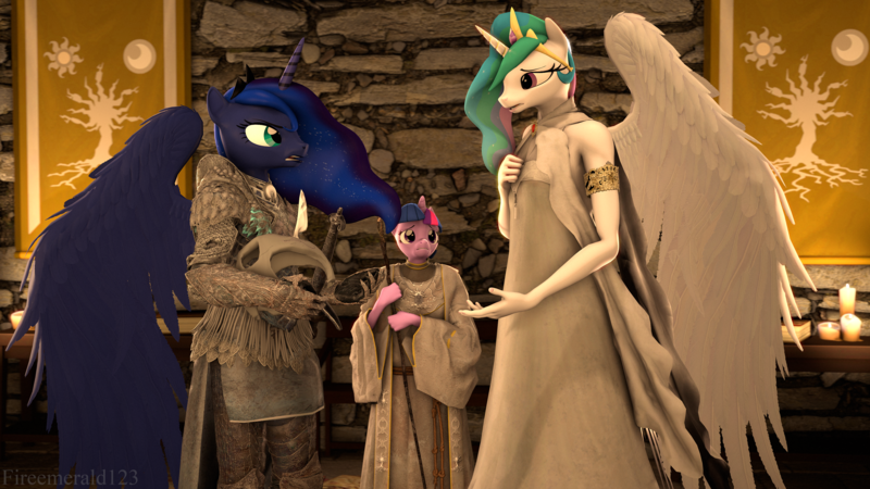 Size: 3840x2160 | Tagged: safe, artist:fireemerald123, derpibooru import, princess celestia, princess luna, tree of harmony, twilight sparkle, alicorn, anthro, unicorn, 3d, armor, banner, book, candle, clothes, dress, helmet, image, png, realistic wings, robes, source filmmaker, staff, sword, sæla, watermark, weapon, wings