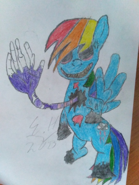 Size: 2448x3264 | Tagged: semi-grimdark, artist:epicheavytf2, derpibooru import, rainbow dash, monster pony, pegasus, pony, alternate cutie mark, blood, exe, hand, hole, image, irl, jpeg, looking at you, no eyes, paper, photo, rainbow dash.exe, re-take, redesign, sharp teeth, signature, simple background, teeth, traditional art